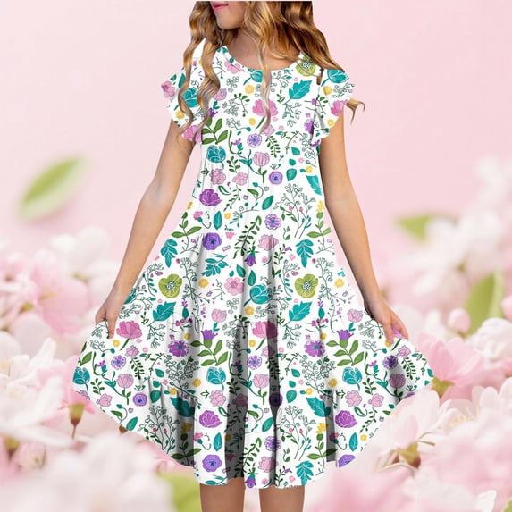 Sentuca Girls Summer Dress Short Sleeve Casual A-Line Flower Dresses Ruffled Twirl Sundress Size 6-7 Years