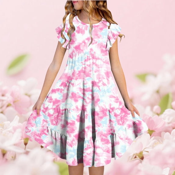 Sentuca Girls Summer Dress Short Sleeve Casual A-Line Flower Dresses Ruffled Twirl Sundress Size 8-9Years