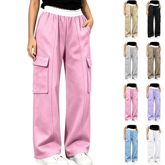 Sentuca Girls Sweatpants Wide Leg Contrast Ruffle Waist Cargo Pants with Pockets Sports Lounge Daily Casual Wear Trousers for Teen Size 14-15Y Pink