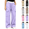 thumbnail image 1 of Sentuca Girls Sweatpants Wide Leg Contrast Ruffle Waist Cargo Pants with Pockets Sports Lounge Daily Casual Wear Trousers for Teen Size 14-15Y Purple, 1 of 8