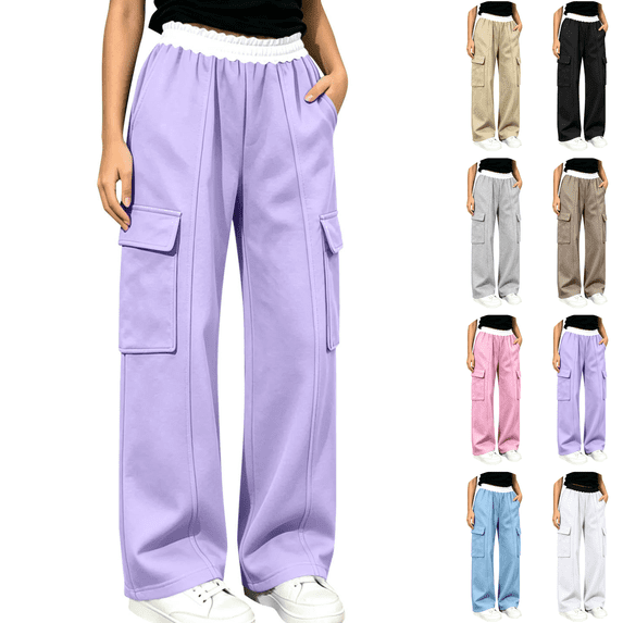 Sentuca Girls Sweatpants Wide Leg Contrast Ruffle Waist Cargo Pants with Pockets Sports Lounge Daily Casual Wear Trousers for Teen Size 14-15Y Purple