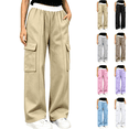thumbnail image 1 of Sentuca Girls Sweatpants Wide Leg Contrast Ruffle Waist Cargo Pants with Pockets Sports Lounge Daily Casual Wear Trousers for Tween Size 11-12Y Beige, 1 of 8