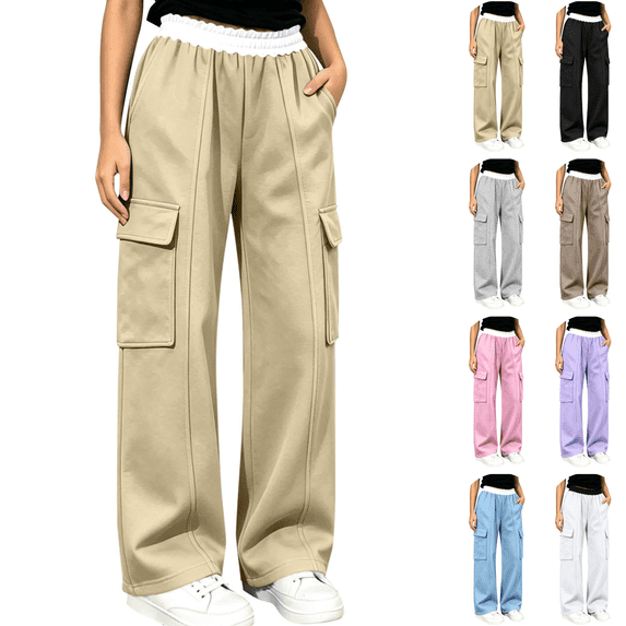 Sentuca Girls Sweatpants Wide Leg Contrast Ruffle Waist Cargo Pants with Pockets Sports Lounge Daily Casual Wear Trousers for Tween Size 11-12Y Beige