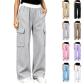 thumbnail image 1 of Sentuca Girls Sweatpants Wide Leg Contrast Ruffle Waist Cargo Pants with Pockets Sports Lounge Daily Casual Wear Trousers for Tween Size 11-12Y Gray, 1 of 8