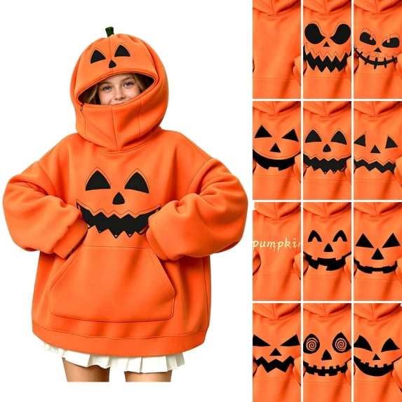 Sentuca Girls and Boys Hoodies Halloween Innovation Pumpkin Long Sleeve Sweatshirts Solid Color with Pockets Warm Tween Clothes Size 11Y