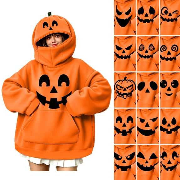 Sentuca Hoodies for Women Halloween Cute Pumpkin Mask Spooky Sweatshirts Plus Size Loose Fit Long Sleeve Pullover Tops with Pockets XXL