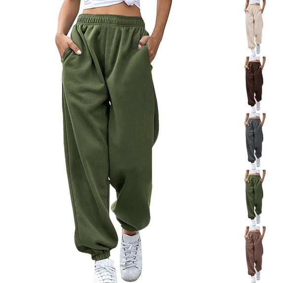 Sentuca Joggers for Women Elastic Bottom High Waisted Baggy Sweatpants with Pockets Solid Color Fashion Workout Trousers Green S