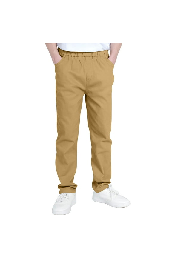 Kids Boys Pants School Uniform Chino Khaki Pants with Pockets Elastic Waist Classic Trousers