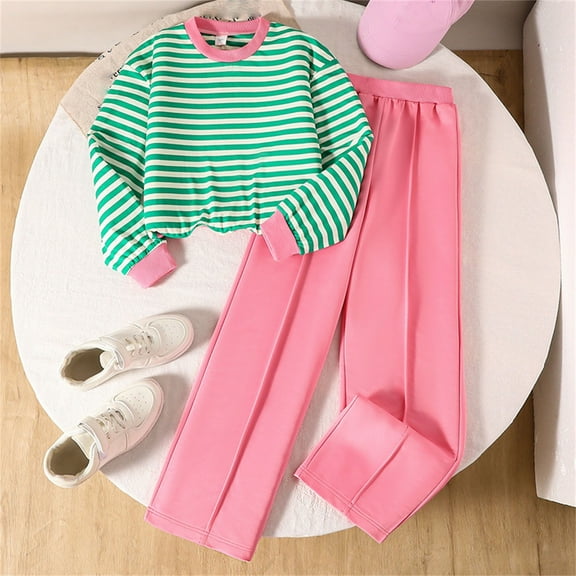 Sentuca Kids Clothes for Girls Outfit Sets, Long Sleeve Stripe Tops and Casual Straigh Leg Pants for Fall Size 9-10Years