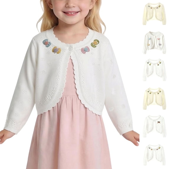 Sentuca Kids Girls Cardigan Sweater Long Sleeve Short Bolero Shrug Knit Cardigan Jacket Summer Thin Cute Button Tops Size 7-8Y White