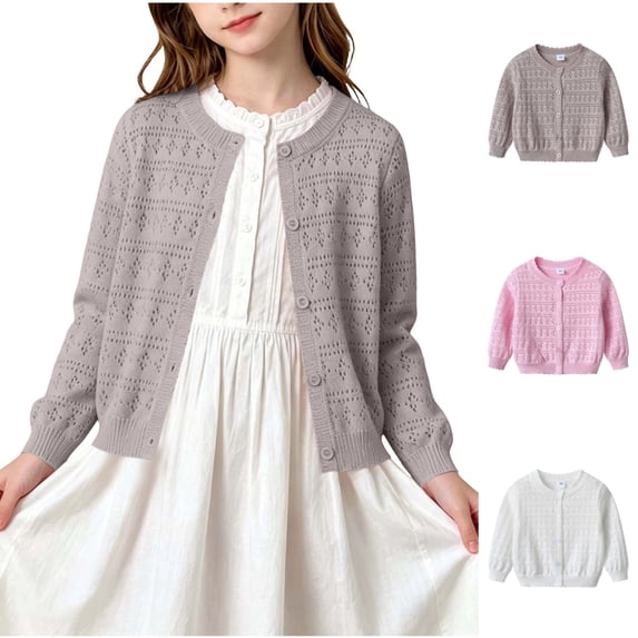 Sentuca Kids Girls Cardigan Sweaters Size 3-4Y Lightweight Long Sleeve Knitted Openwork Cardigan Casual Comfortable Sweater Coats Coffee