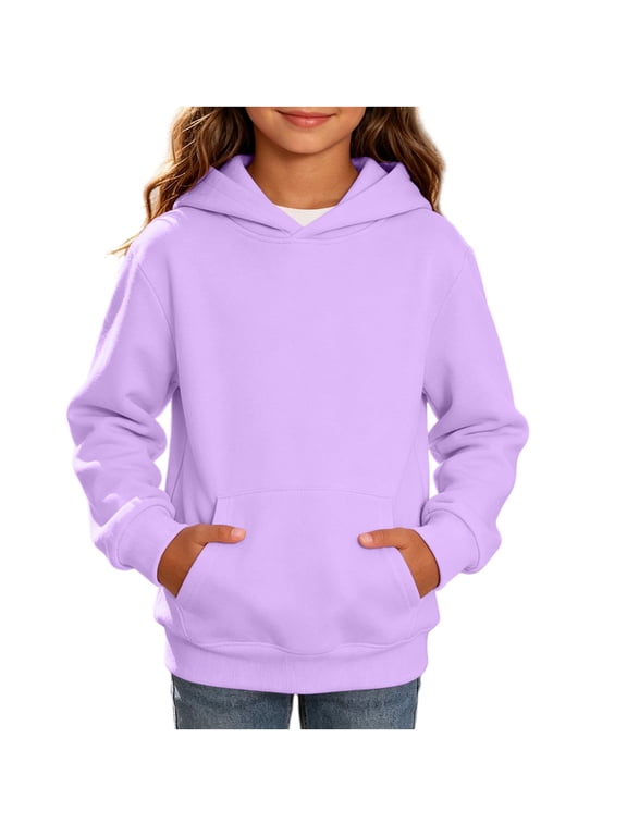 Kids Pullover Hoodies for Girls Solid Color Long Sleeve Hooded Sweatshirt with Pocket