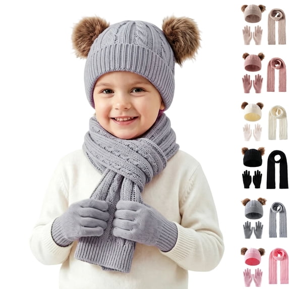 Sentuca Kids Winter Hat Gloves Scarf Set, Girls Boys Hat Beanie Pom Knitted Scarves Cute Bear Ear Warm Accessory Gray Size 3-12Y