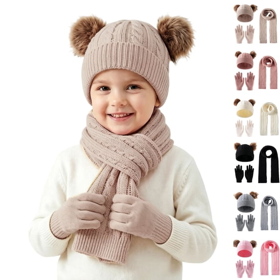 Sentuca Kids Winter Hat Gloves Scarf Set, Girls Boys Hat Beanie Pom Knitted Scarves Cute Bear Ear Warm Accessory Khaki Size 3-12Y