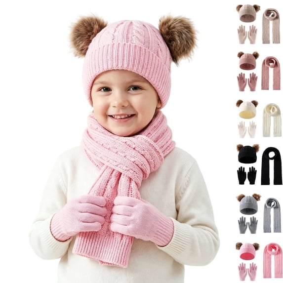 Sentuca Kids Winter Hat Gloves Scarf Set, Girls Boys Hat Beanie Pom Knitted Scarves Cute Bear Ear Warm Accessory Pink Size 3-12Y