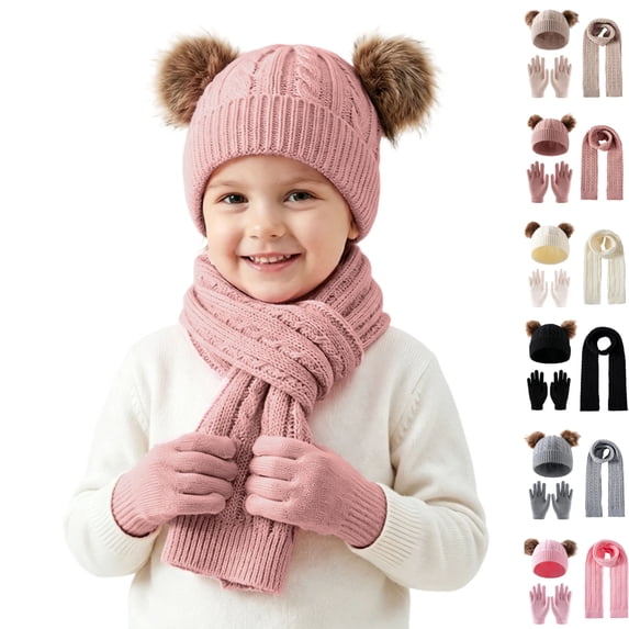 Sentuca Kids Winter Hat Gloves Scarf Set, Girls Boys Hat Beanie Pom Knitted Scarves Cute Bear Ear Warm Accessory Watermelon Red Size 3-12Y