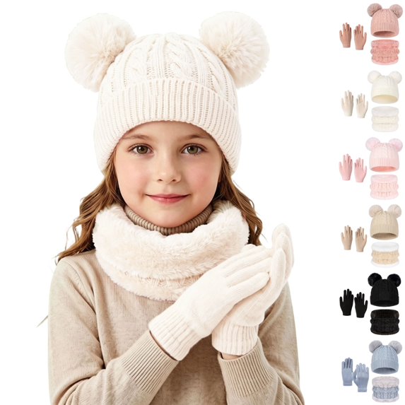Sentuca Kids Winter Hat Scarf Gloves Set, Bear Ear Knitted Beanie with Scarf & Gloves Cold Weather Outdoor Accessory for Girls Boys Size 2-10Y