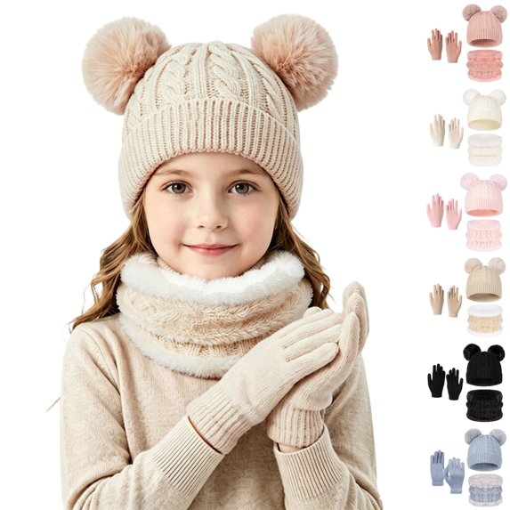 Sentuca Kids Winter Hat Scarf Gloves Set, Bear Ear Knitted Beanie with Scarf & Gloves Cold Weather Outdoor Accessory for Girls Boys Size 2-10Y