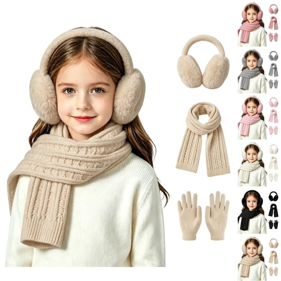 Sentuca Kids Winter Hat Scarf Gloves Set, Earmuffs Knit Long Scarf Full Finger Gloves Daily Outdoor Travel Accessories for Boys Girls Size 3-12Y