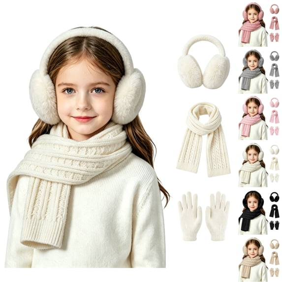 Sentuca Kids Winter Hat Scarf Gloves Set, Earmuffs Knit Long Scarf Full Finger Gloves Daily Outdoor Travel Accessories for Boys Girls Size 3-12Y