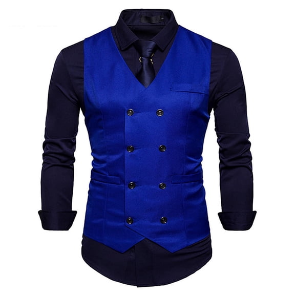 Sentuca Men's Waistcoat Double Breasted Business Casual Blazer Vest Dark Blue L