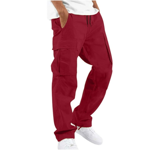 Sentuca Mens Casual Outdoor Cargo Pants Solid Color with Pockets Pants Wine M