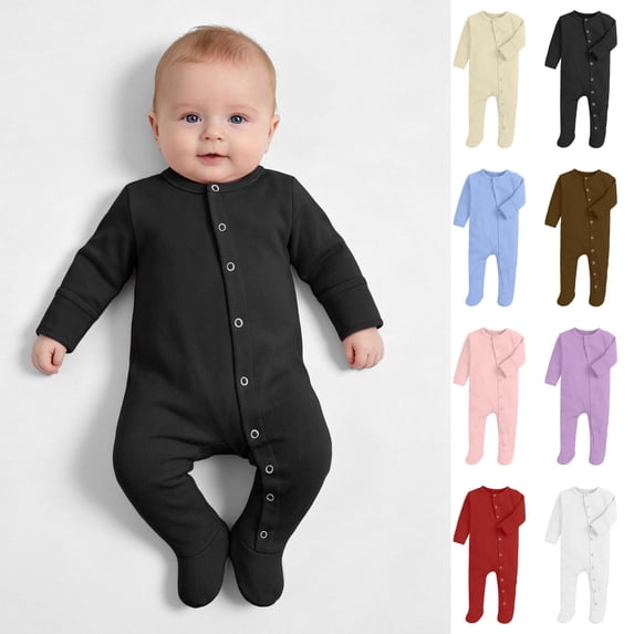 Sentuca Newborn Baby Romper Solid Color Button Up Jumpsuit Boys Girls Soft Long Sleeve One Piece Bodysuit Black Size 6-9Y