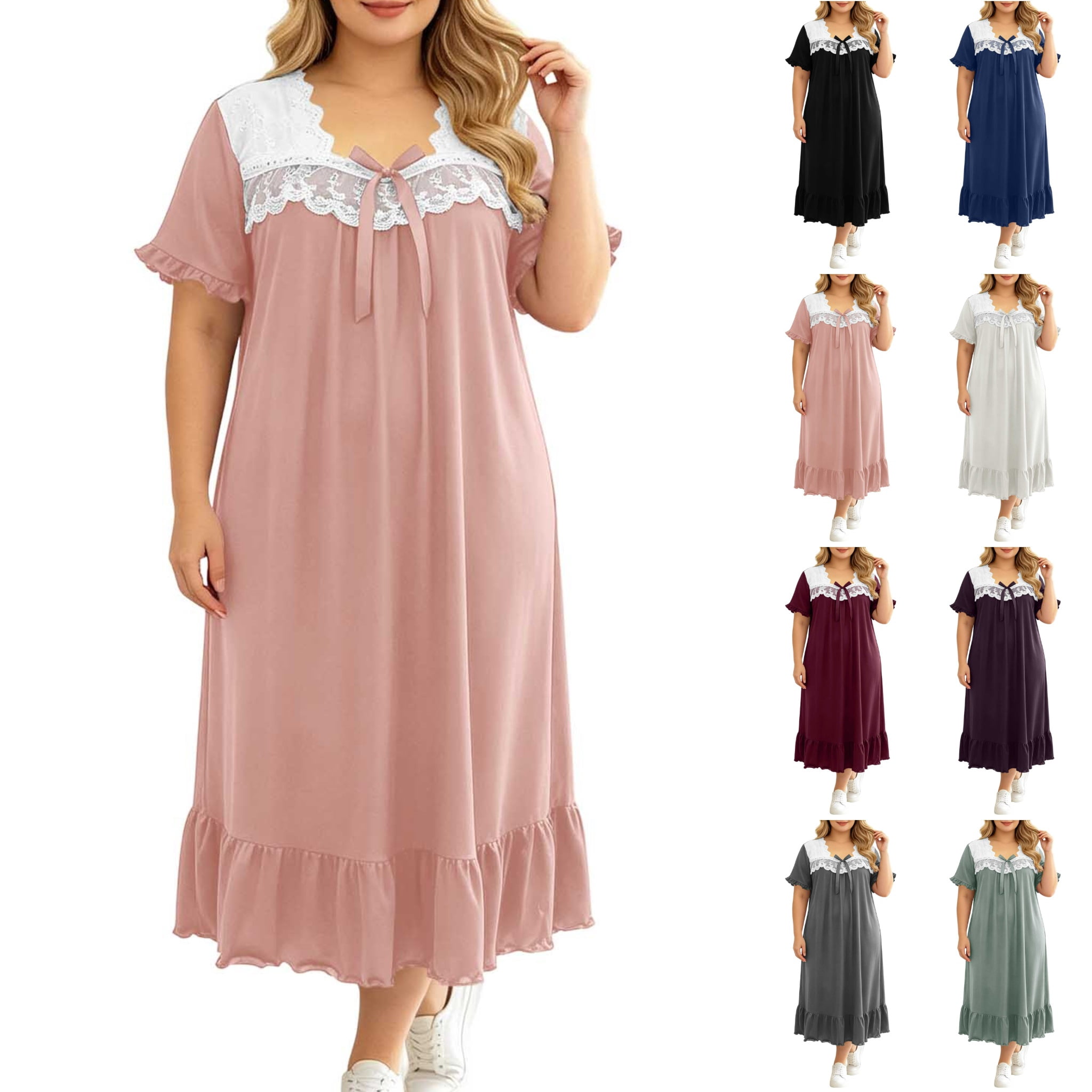 Pink Ruffle Lace Sentuca Nightgown for Women Plus Size Lace Ruffle Hem Short Sleeve Long ...