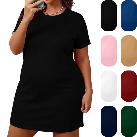 Sentuca Nightgowns for Women Plus Size Short Sleeve Pajama Dress Sleepshirt Round Neck Loose Comfortable Solid Sleepwear, Black 3XL