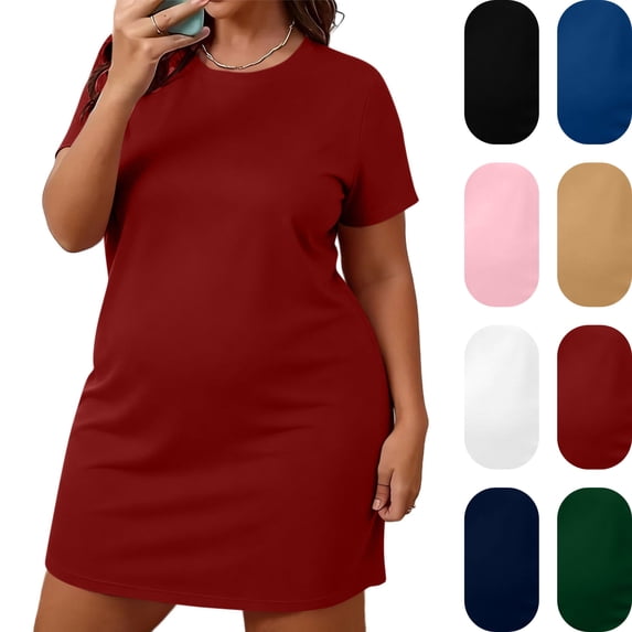 Sentuca Nightgowns for Women Plus Size Short Sleeve Pajama Dress Sleepshirt Round Neck Loose Comfortable Solid Sleepwear, Red 5XL