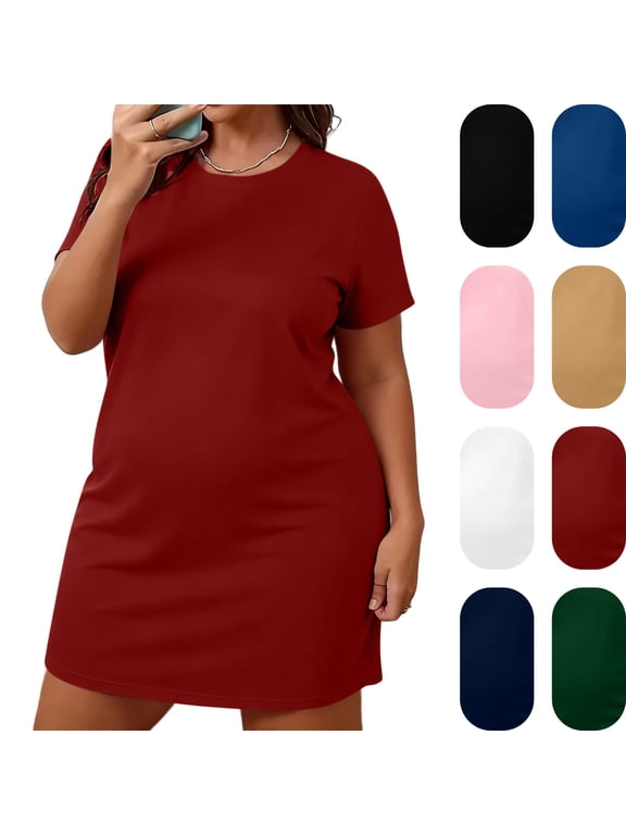 Nightgowns for Women Plus Size Short Sleeve Pajama Dress Sleepshirt Round Neck Loose Comfortable Solid Sleepwear, Red 5XL