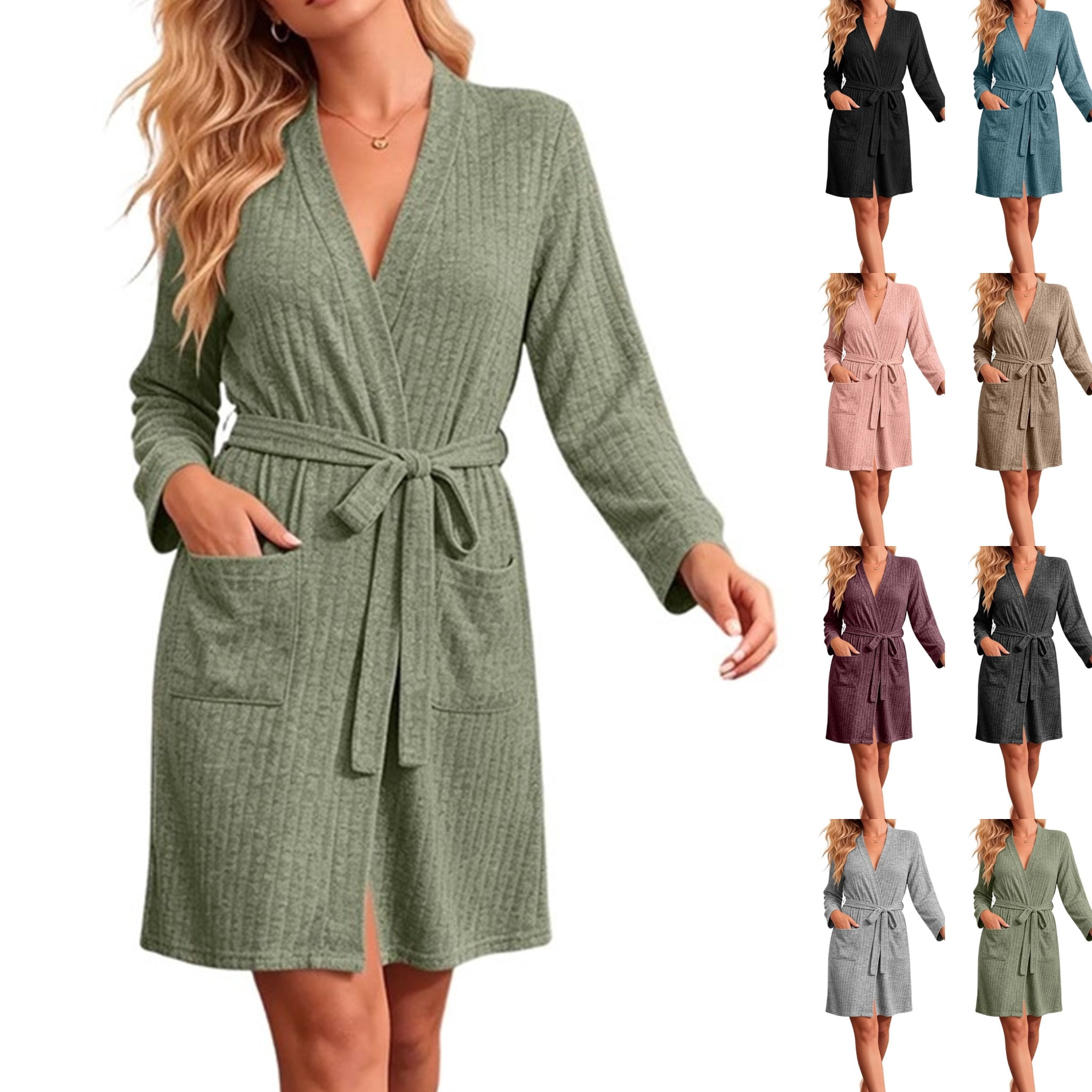 Green Ribbled Paper Sentuca Robes for Women,Soft Brushed Ribbed Short Kimono Bathrobe with ...