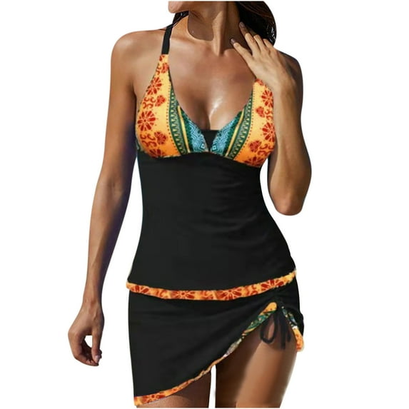 Sentuca Sexy Tankini Swimsuits with Skirt O-Ring String Ajustable Tankinis 2 Piece Swimwear Color Block Bathing Suits for Women Orange XL