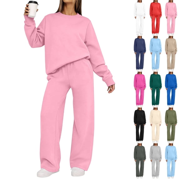 Sentuca Sweatsuits for Women, Crewneck Sweatshirt Baggy Pants Fall Track 2 Piece Lounge Outfits Pink S