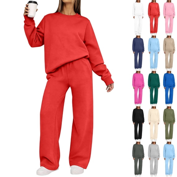 Sentuca Sweatsuits for Women, Crewneck Sweatshirt Baggy Pants Fall Track 2 Piece Lounge Outfits Red XXL
