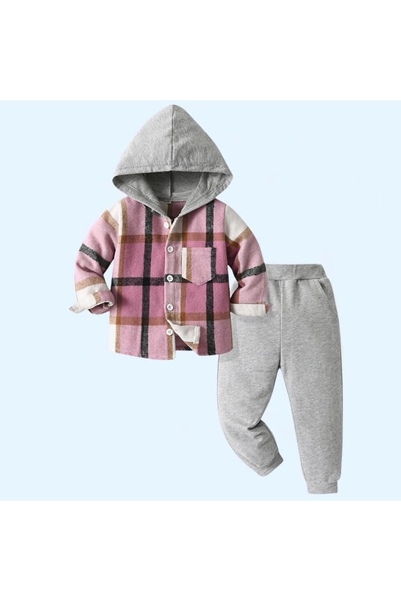 Toddler Boys Clothes Cotton Long Sleeve Hooded Button Down Plaid Jackets and Sweatpants Outfit Sets for Fall Size 2 Years