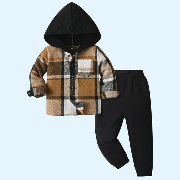 Sentuca Toddler Boys Clothes Cotton Long Sleeve Hooded Button Down Plaid Jackets and Sweatpants Outfit Sets for Fall Size 2 Years