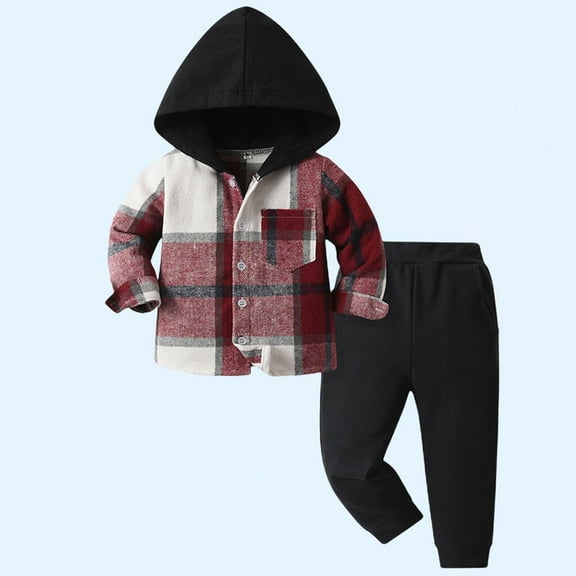 Sentuca Toddler Boys Clothes Cotton Long Sleeve Hooded Button Down Plaid Jackets and Sweatpants Outfit Sets for Fall Size 2 Years