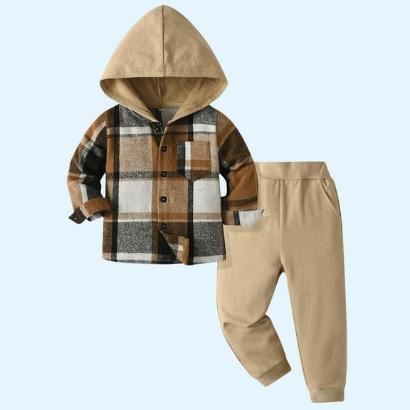 Sentuca Toddler Boys Clothes Cotton Long Sleeve Hooded Button Down Plaid Jackets and Sweatpants Outfit Sets for Fall Size 2 Years