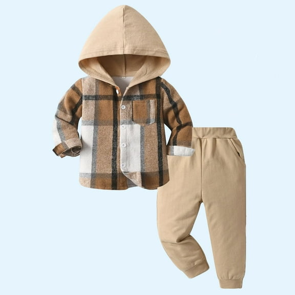 Sentuca Toddler Boys Clothes Cotton Long Sleeve Hooded Button Down Plaid Jackets and Sweatpants Outfit Sets for Fall Size 2 Years