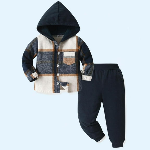Sentuca Toddler Boys Clothes Cotton Long Sleeve Hooded Button Down Plaid Jackets and Sweatpants Outfit Sets for Fall Size 2 Years