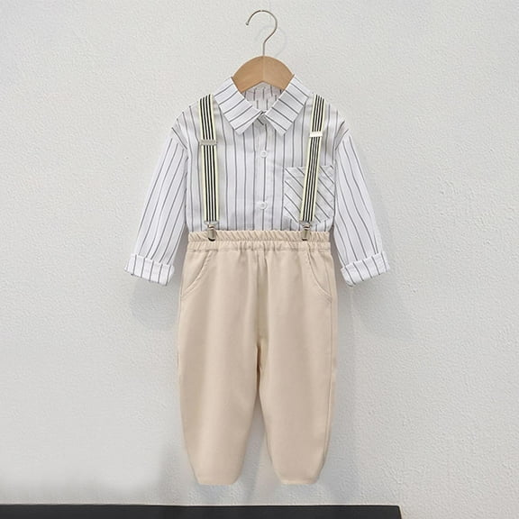 Sentuca Toddler Clothes for Boys Outfit Sets British Style Striped Long Sleeved Lapel Shirt Top pants straps tie Four Piece Size 2 Years