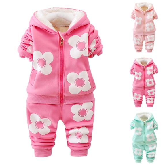 Kids Clothes for Girls Winter Outfit Sets Hooded Fleece Jackets and Sweatpants with Floral Graphic Size 3-4Years