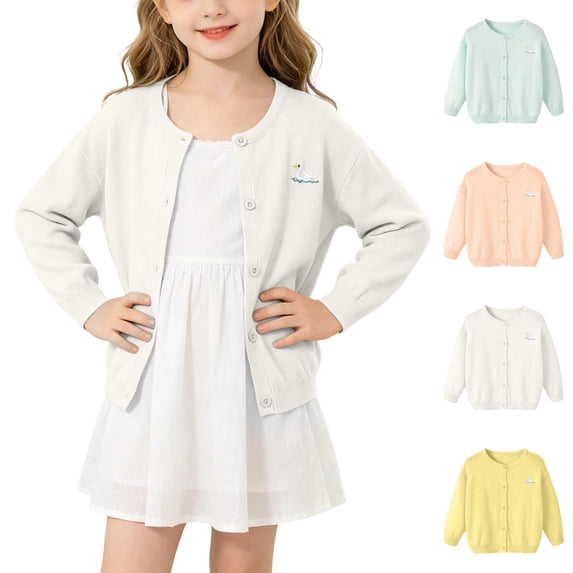 Sentuca Toddler Girls Cardigan Sweater, Cute Embroidery Solid Color Sweater Coats Fashion Long Sleeved Button Lightweight Cardigan Size 3Y White