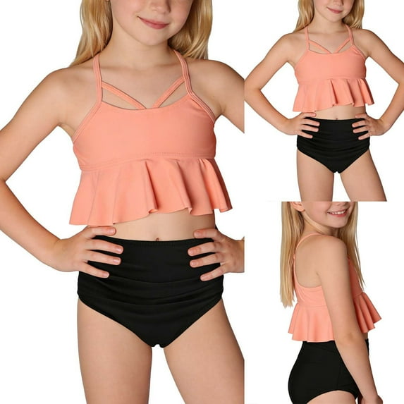 Sentuca Toddler Girls Tankini Swimsuit 2 Piece Bathing Suit Contrast Trim Ruched Kids Swimwear for 2-12Y
