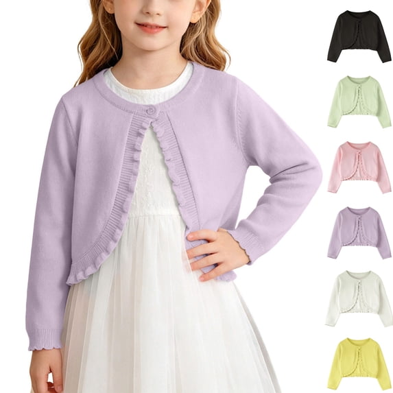 Sentuca Toddlers Girls Cardigan Sweaters Size 18M Knit Long Sleeve Ruffle Open Front Button Cardigan Coat Cover Up Cropped Tops Purple