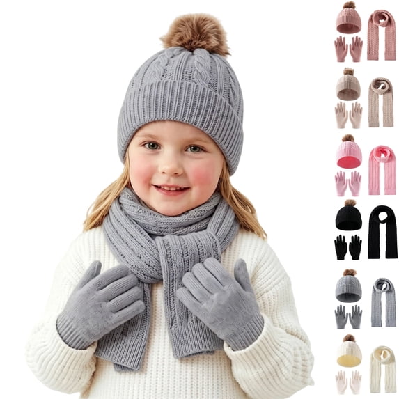 Sentuca Warmer Set for Girls and Boys Winter Knit Pom Pom Beanie Hat Scarf Gloves 3 Pcs Kids Outdoor Accessories Gray Size 3-12Y
