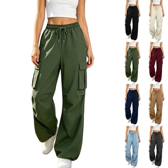 Sentuca Womens Cargo Pants Solid Color Drawstring Elastic Waist Jogger Pants with Multi-Pockets Adjustable Cinched Hem Casual Trousers Army Green L
