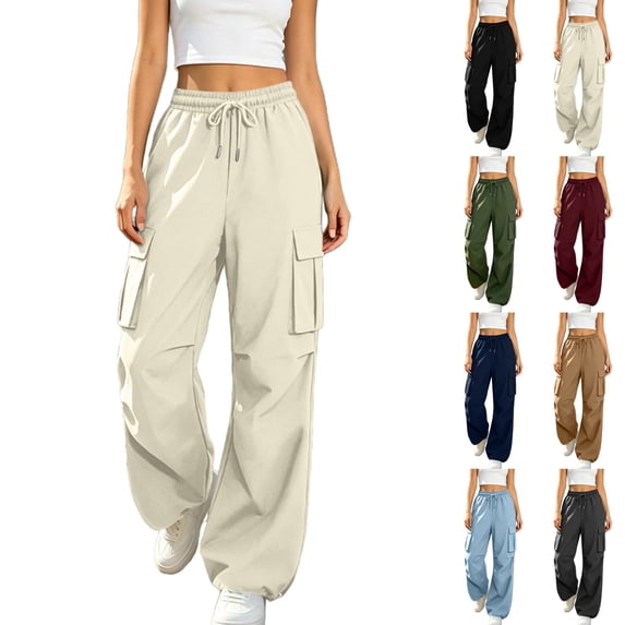 Sentuca Womens Cargo Pants Solid Color Drawstring Elastic Waist Jogger Pants with Multi-Pockets Adjustable Cinched Hem Casual Trousers Beige L