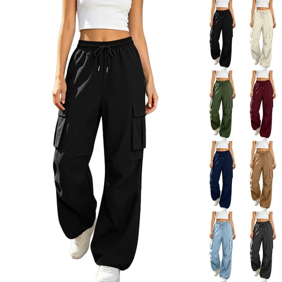 Sentuca Womens Cargo Pants Solid Color Drawstring Elastic Waist Jogger Pants with Multi-Pockets Adjustable Cinched Hem Casual Trousers Black S